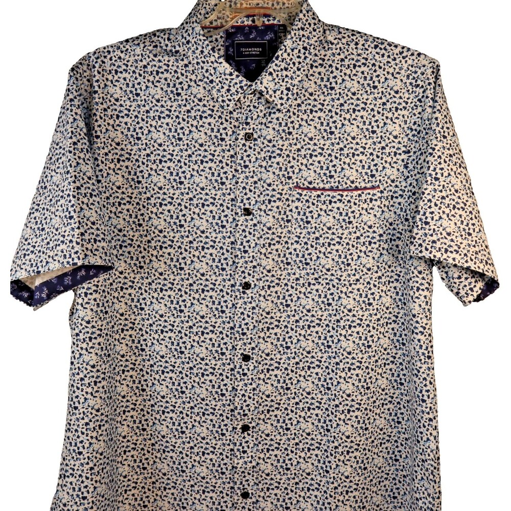 7 Diamonds 4 Way Stretch Mens 2XL Blue/White Performance ButtonUp SS Brushstroke